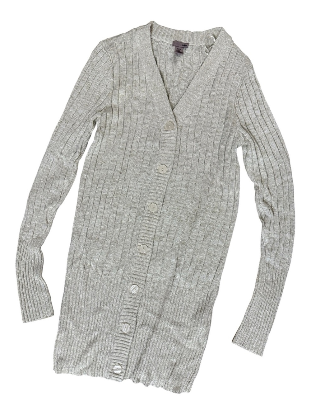 Long Ribbed Button-Front Sparkly Cardigan Sweater - Tan